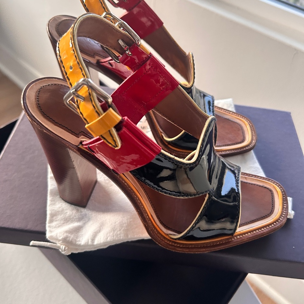 Prada Red, Yellow, and Black Strappy Heels